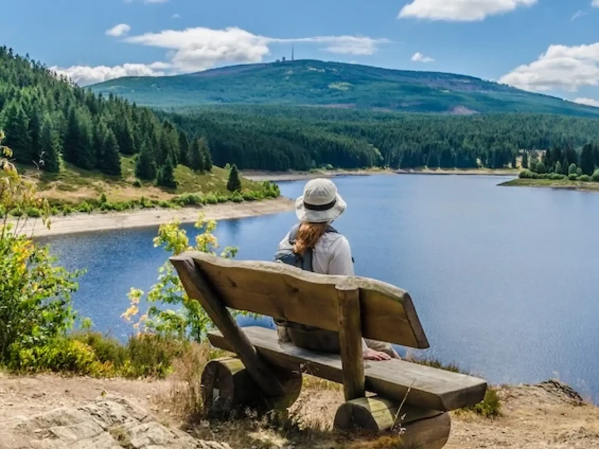 Blick auf den Brocken an der Eckertalsperre im Harz Eine Frau in Wanderkleidung sitzt auf einer Holzbank an der Eckertalsperre im Harz und blickt auf den Brocken in der Ferne.