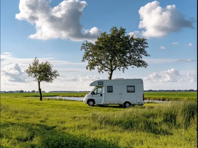 Bauernhof-Romantik: Mit dem Campervan ins Naturabenteuer - © Oksana, adobe stock Ein weißer Campervan steht inmitten einer lebendigen Landschaft, eingerahmt von zwei Bäumen unter einem Himmel mit flauschigen Wolken – das Bild strahlt ein Gefühl von Freiheit aus.