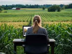 Female farmer working remotely with laptop in corn field