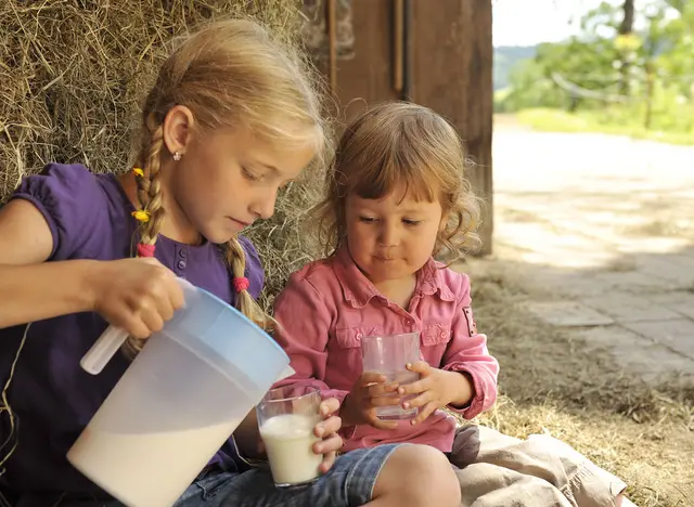 Kinder trinken frische Milch im Urlaub auf dem Bauernhof