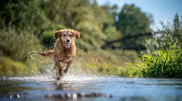 Urlaub mit Hund auf dem Land – Badespaß in der Natur - © japono, adobe stock Hund läuft durch einen Bach und spritzt Wasser