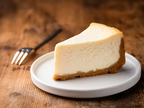 Cheesecake slice, New York style classical cheese cake Cheesecake slice, New York style classical cheese cake on wooden background. Slice of tasty cake on white plate served with dessert fork