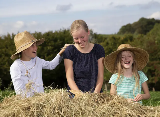 im Urlaub auf dem Bauernhof in Schleswig-Holstein mit Kindern im Stroh spielen