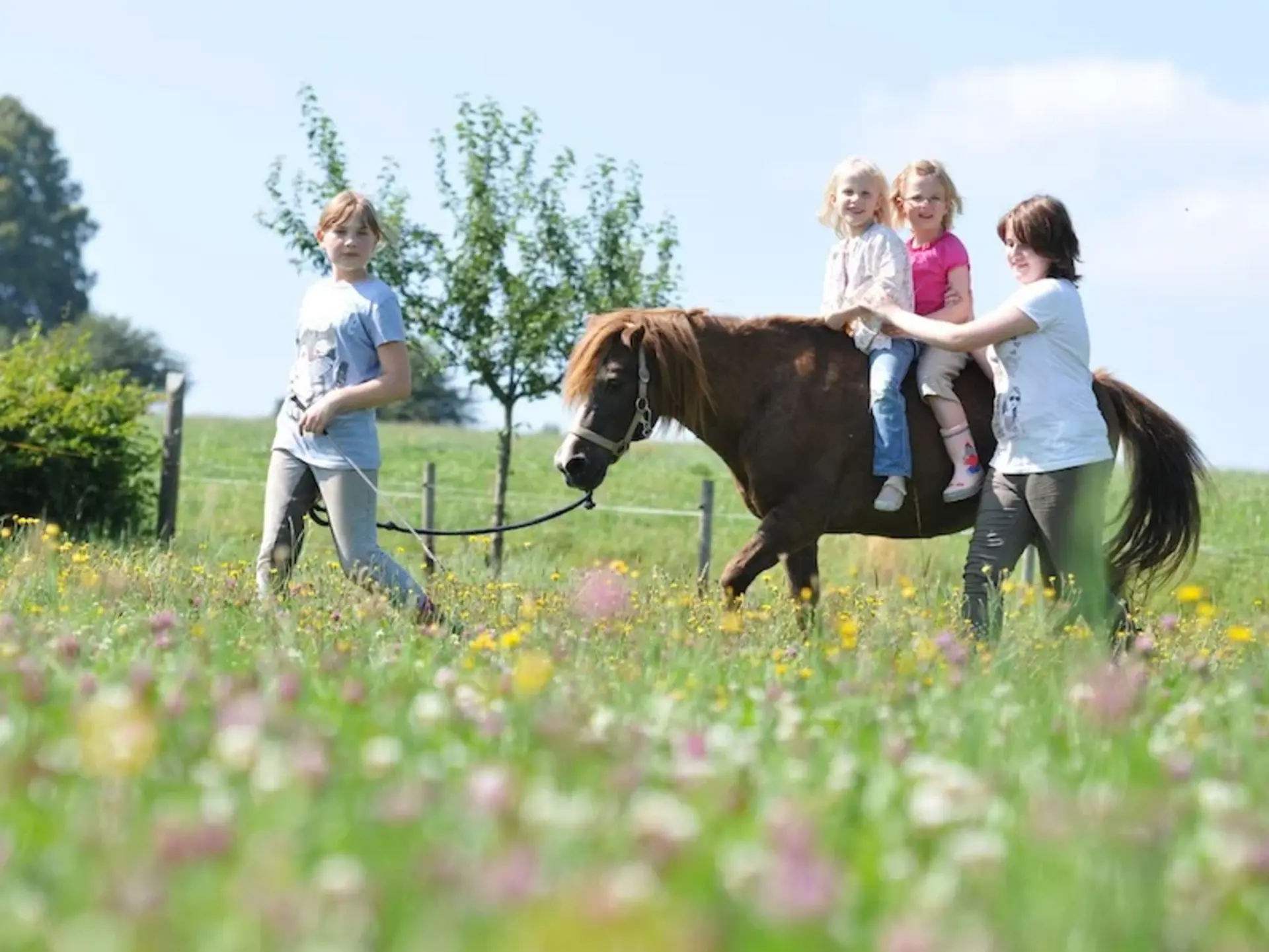 Ponyglück für kleine Gäste – Reiterlebnis auf Ferienwohnung auf dem Bauernhof - © lunaundmo, adobe stock Zwei Kinder sitzen gemeinsam auf einem Pony, das von einem Kind geführt und von einer weiteren Person neben dem Tier festgehalten wird – ein Reiterlebnis auf dem Land.